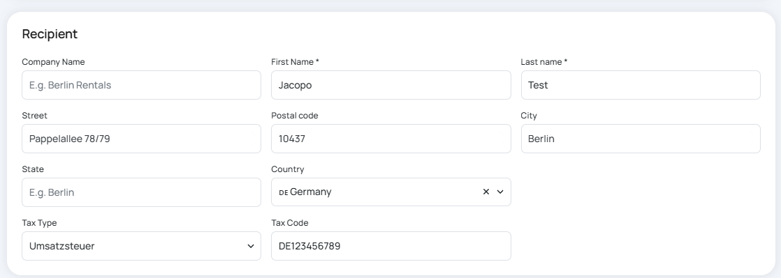Recipient address screenshot