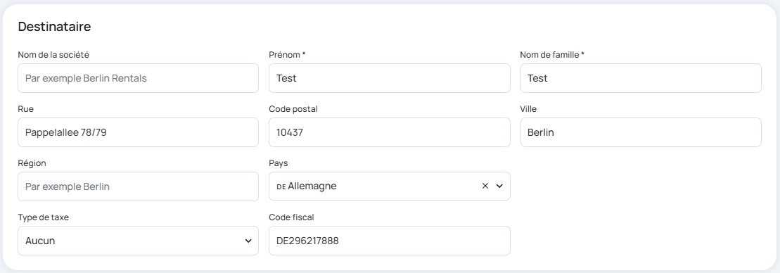 Adresse destinataire screenshot