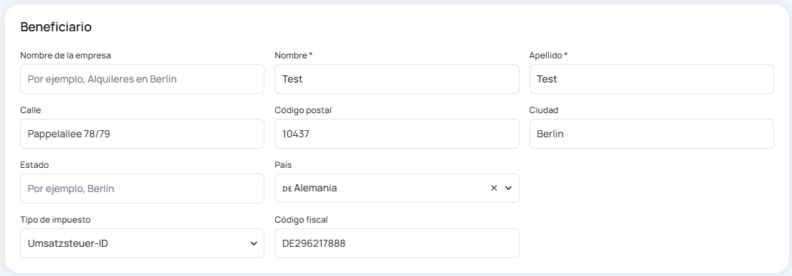 Dirección del destinatario screenshot