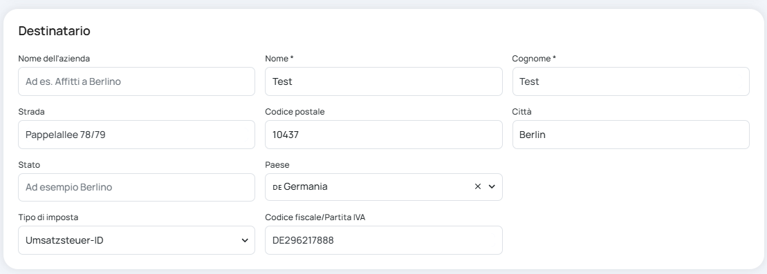 Indirizzo destinatario screenshot