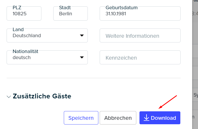 The completed registration form with the Save, Cancel and Download buttons